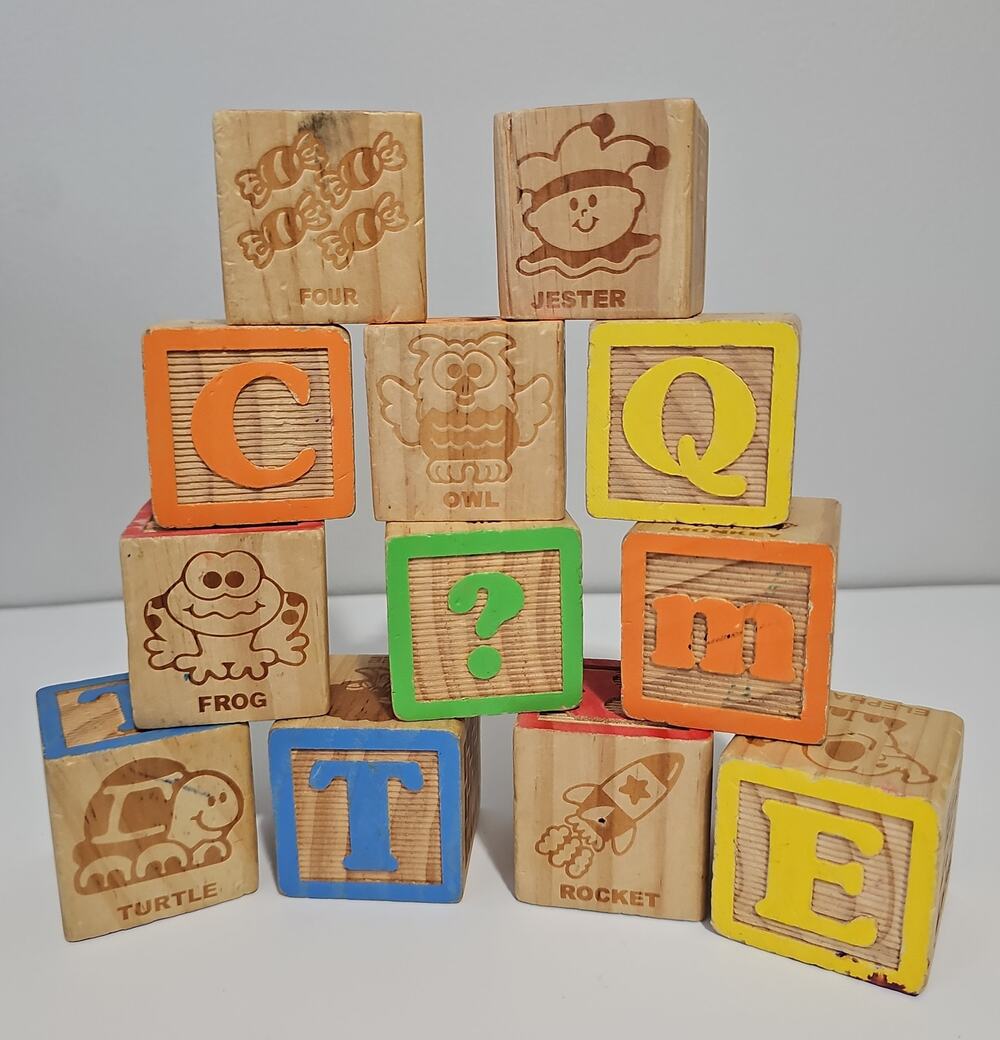 Alphabet Building Blocks wood 1 inch Letters Pictures Animals Kids Toys Learning